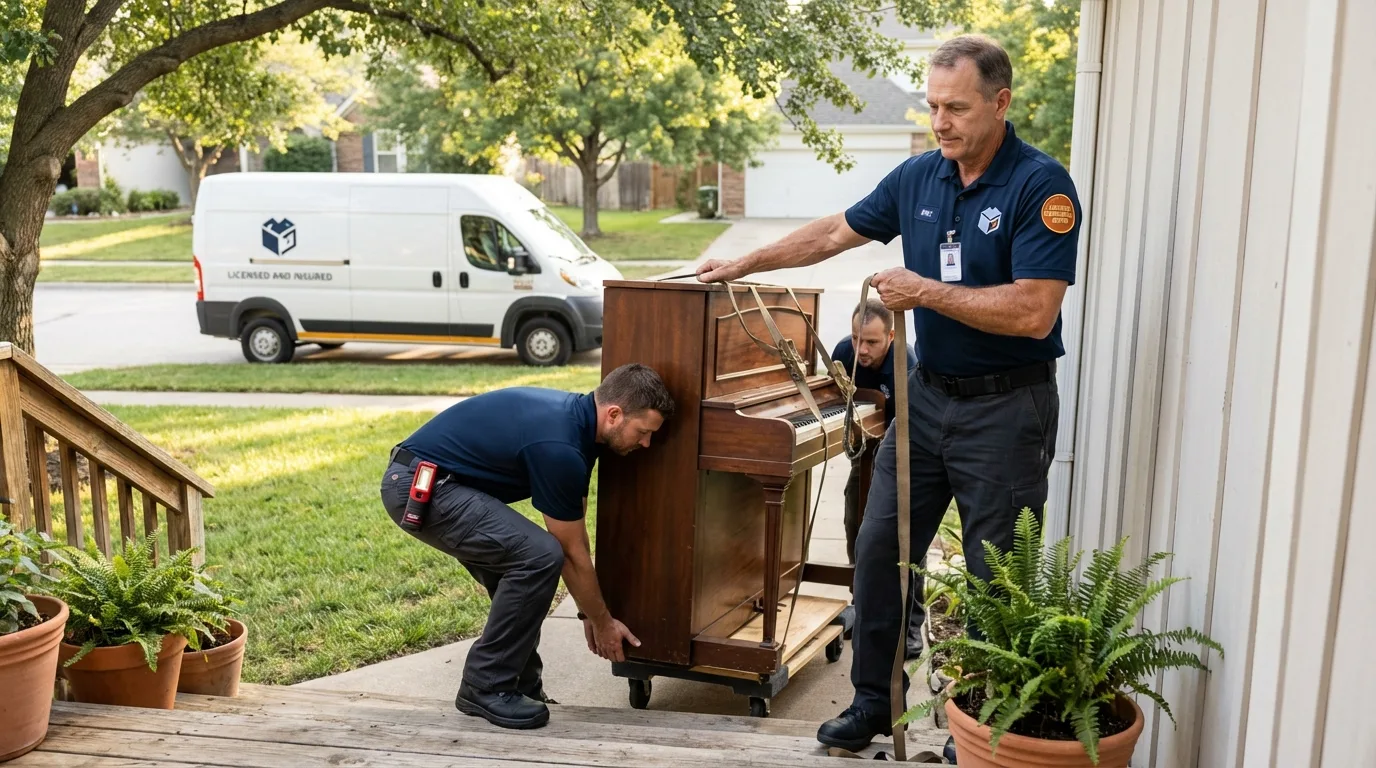 Licensed piano movers securing grand piano in Oceana, WV