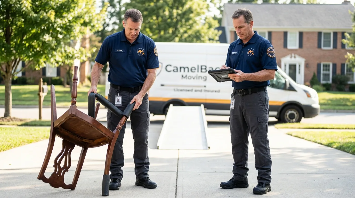 Movers inspecting furniture for damage prevention before loading in Oceana, WV