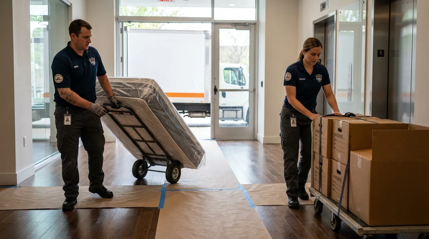 Professional apartment movers loading elevator in Oceana, WV