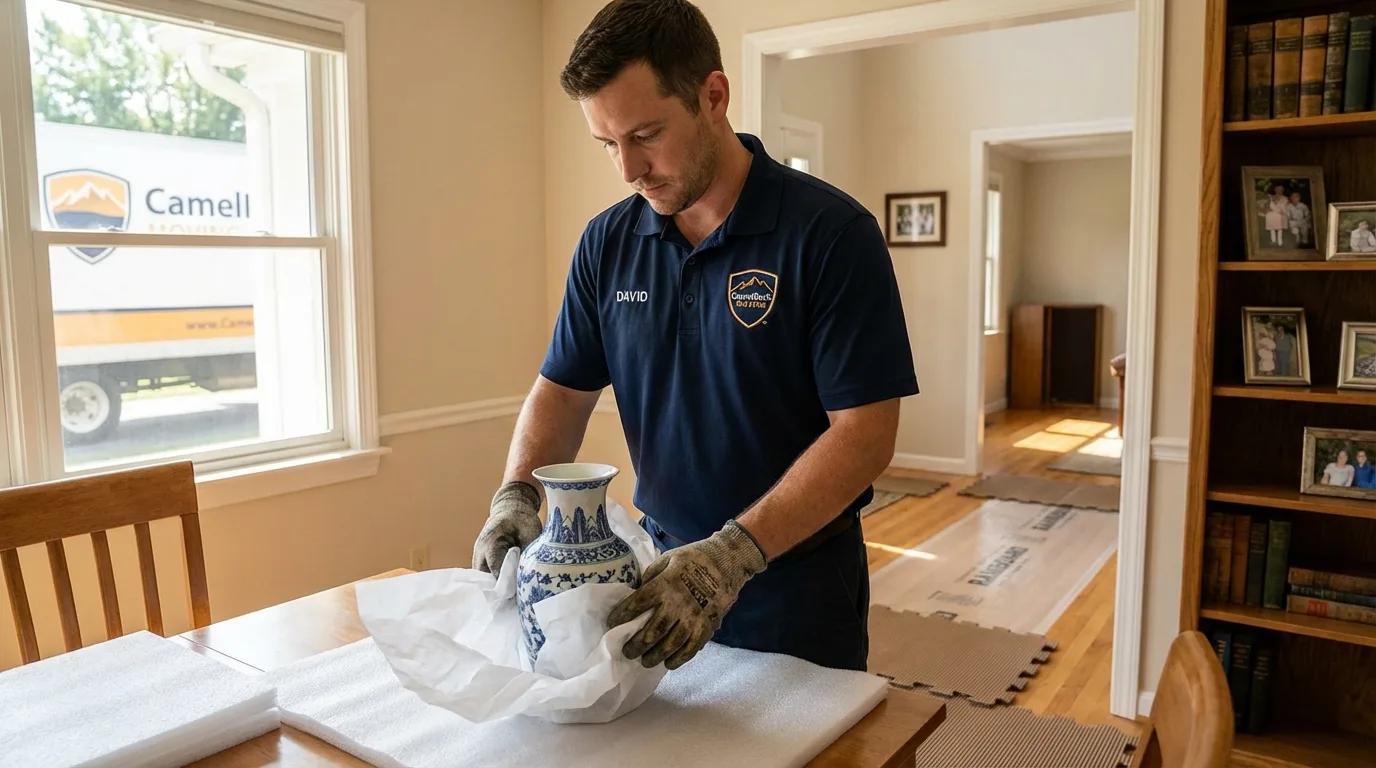 Professional crew carefully wrapping antique vase for senior downsizing move in Oceana, WV