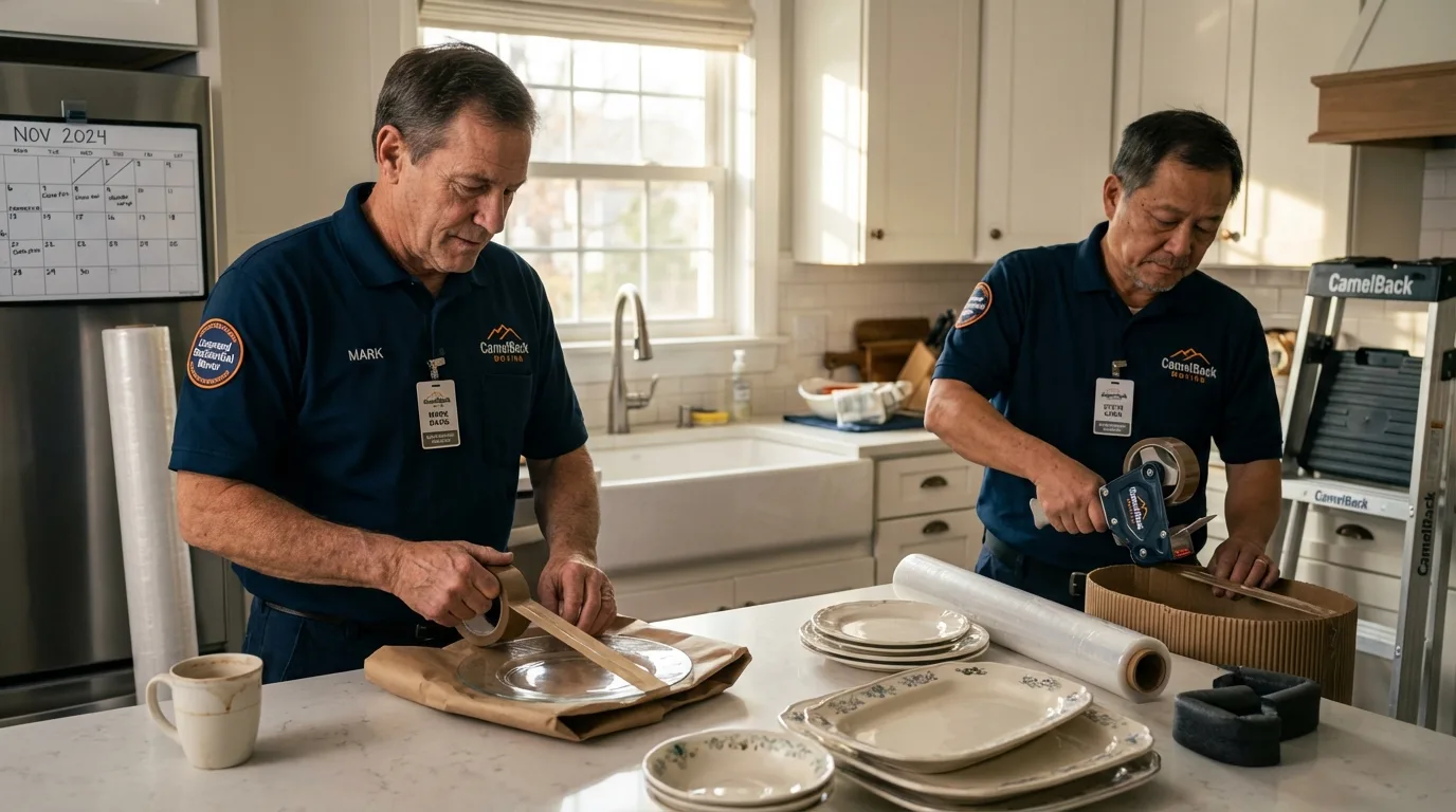Professional crew packing kitchen dishware in Oceana, WV